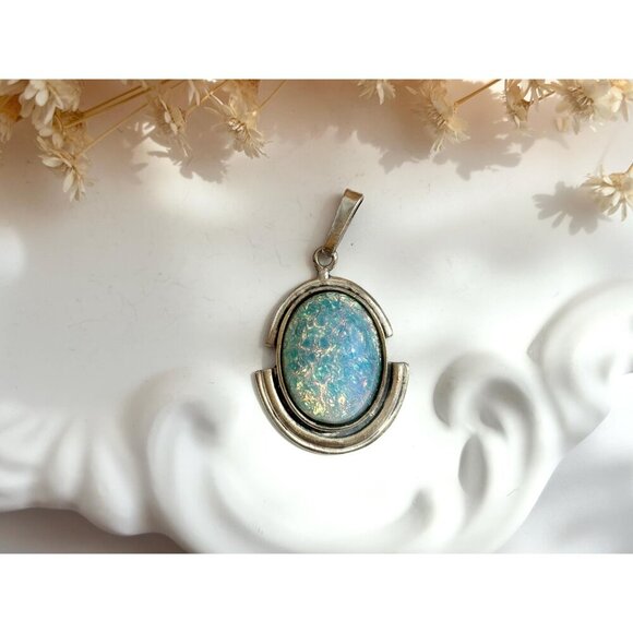 Opal Modernist Semi-Precious Gemstone Minimalist Sterling Silver Vintage Pendant - Picture 2 of 10